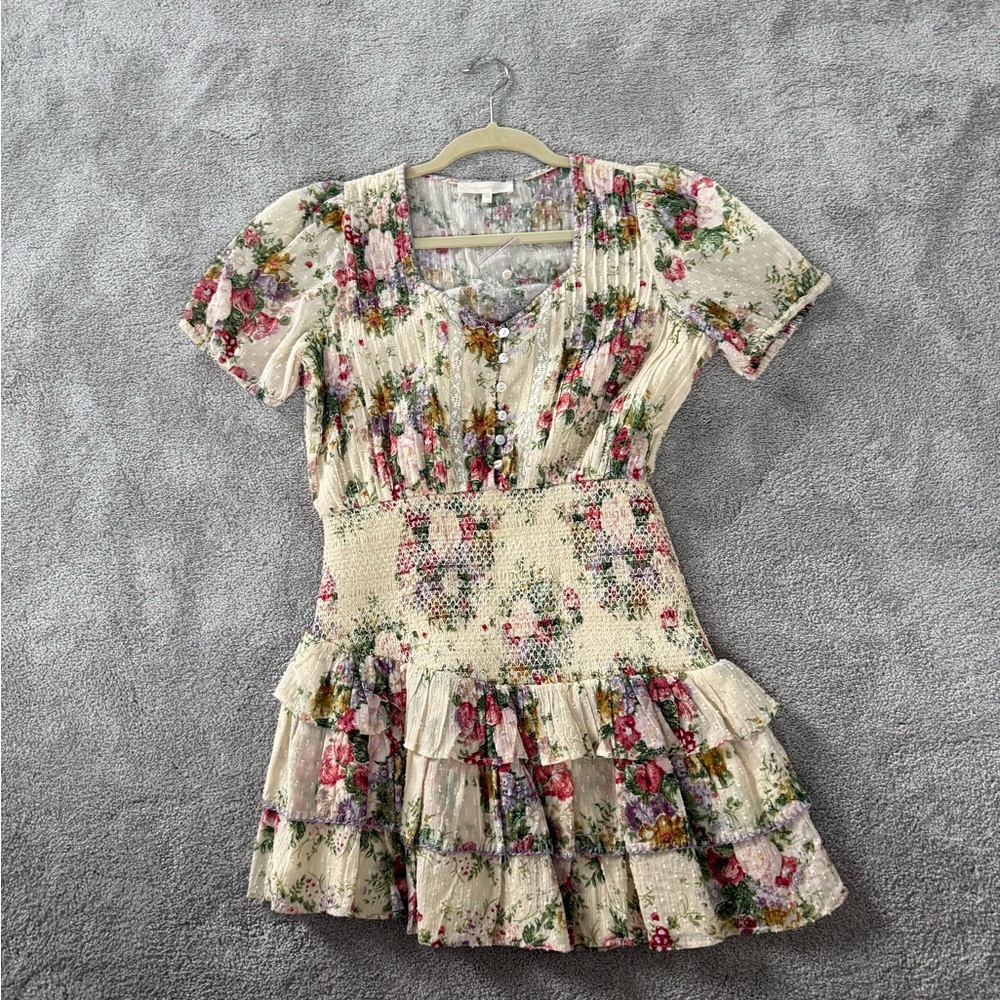 LoveShackFancy Cream and Pink Ruched Flutter Sleeve Mini Dress